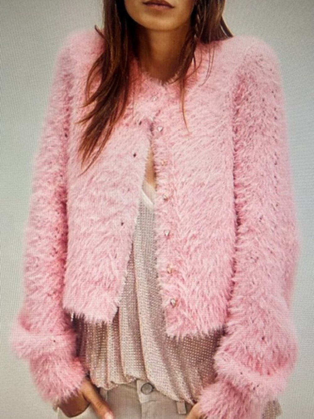 Free People Celeste Crystal Heart Shaped Buttons Pink Quartz Fuzzy Cardigan NEW